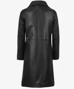 Women's Black Long Leather Car Coat Notch Lapel