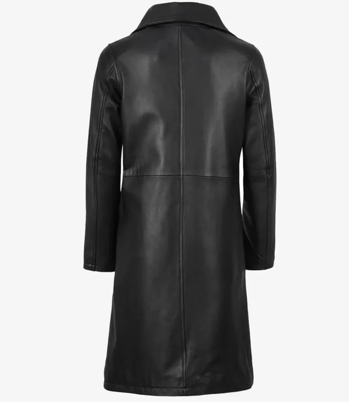 Women's Black Long Leather Car Coat Notch Lapel