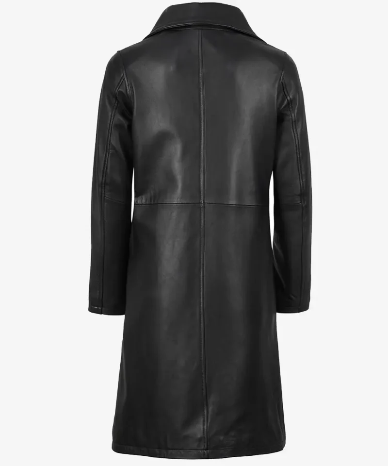 Women's Black Long Leather Car Coat Notch Lapel