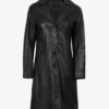 Women's Black Long Leather Car Coat Notch Lapel