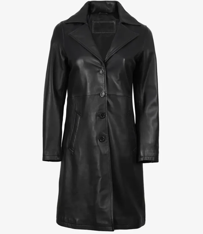Women's Black Long Leather Car Coat Notch Lapel