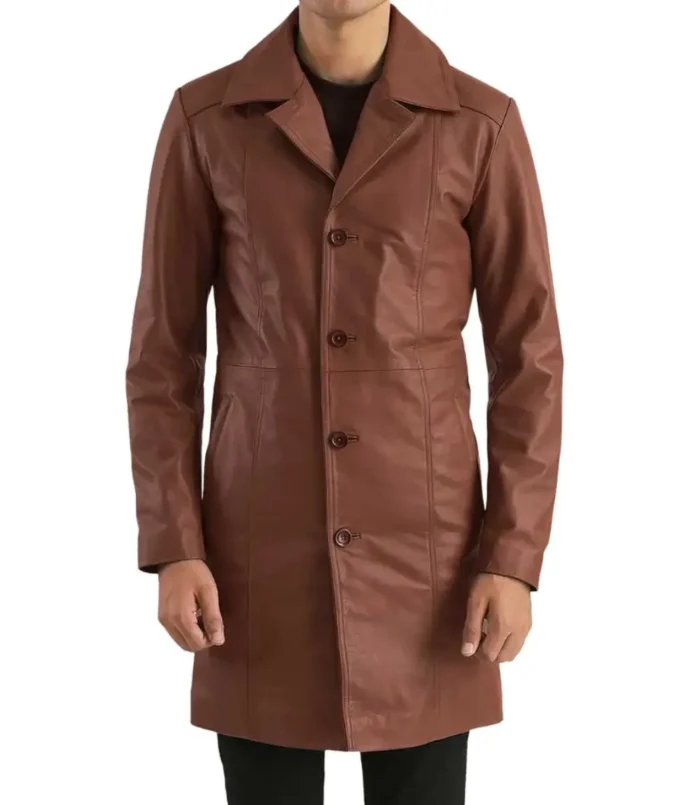 Men's Long Brown Leather Coat