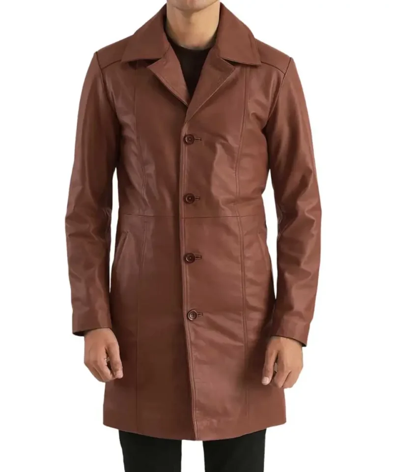 Men's Long Brown Leather Coat