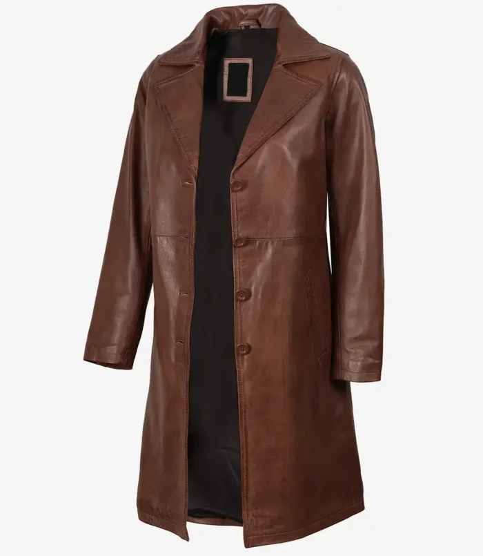 Women's Long Cognac Brown Leather Coat