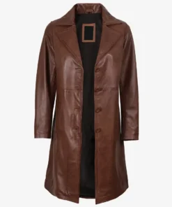 Women's Long Cognac Brown Leather Coat