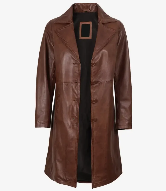 Women's Long Cognac Brown Leather Coat