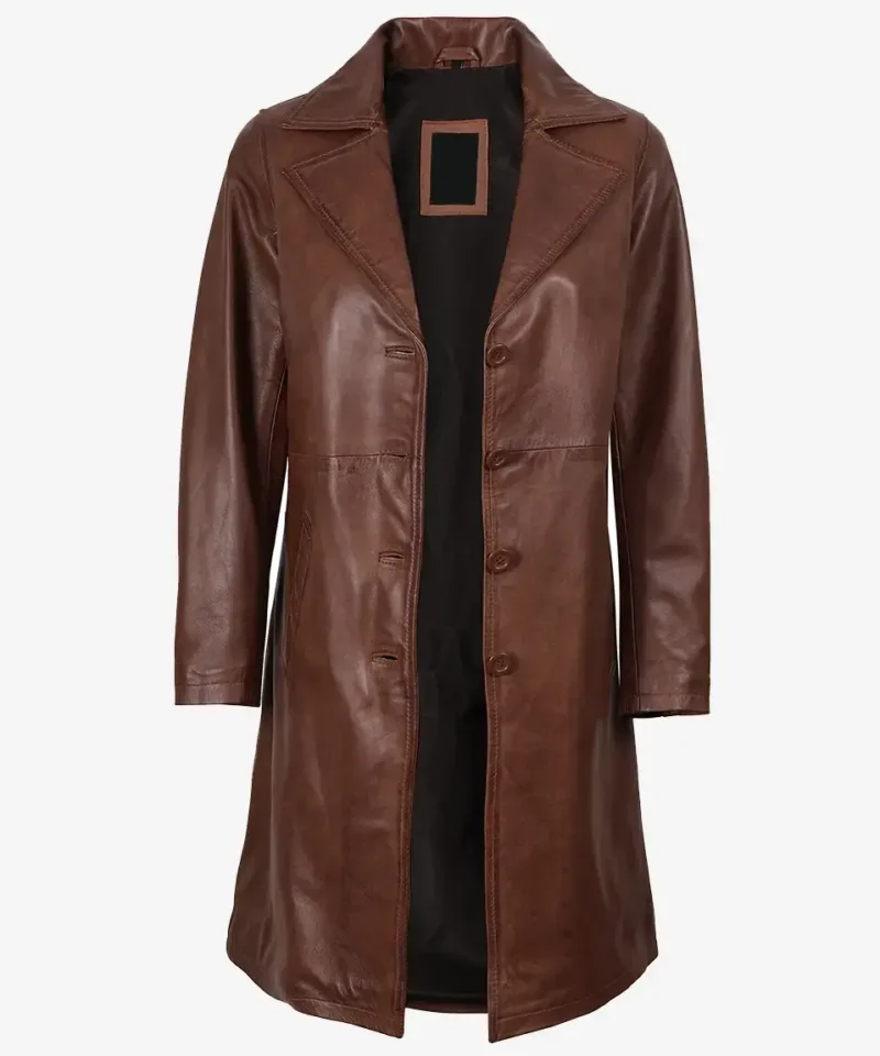Women's Long Cognac Brown Leather Coat