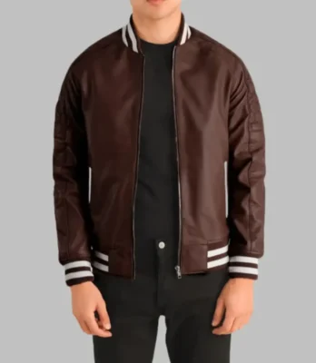 Men’s Maroon Leather Bomber Jacket Genuine Sheepskin Varsity Style