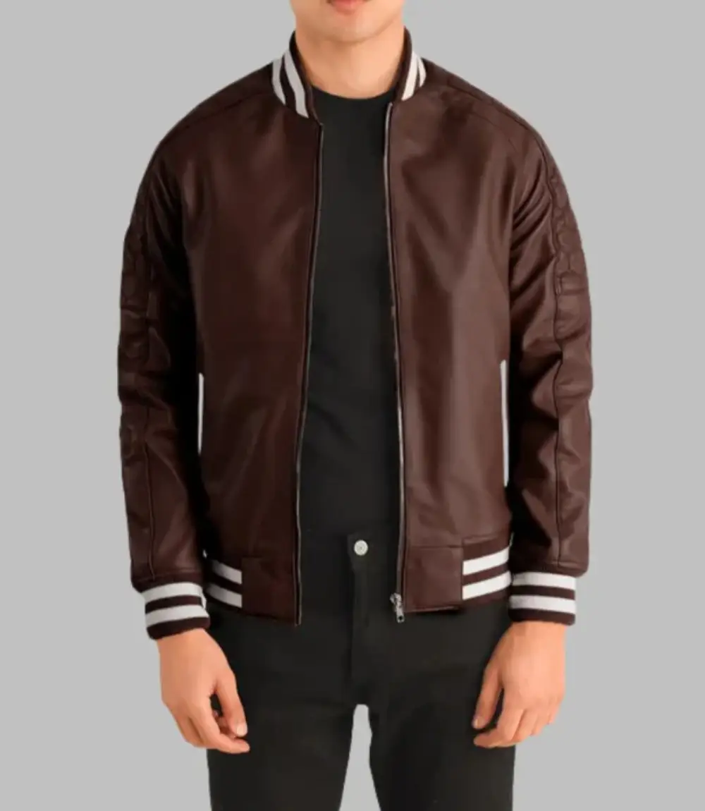 Men’s Maroon Leather Bomber Jacket Genuine Sheepskin Varsity Style