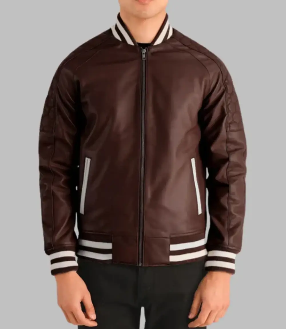 Men’s Maroon Leather Bomber Jacket Genuine Sheepskin Varsity Style