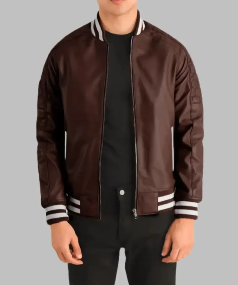 Men’s Maroon Leather Bomber Jacket Genuine Sheepskin Varsity Style