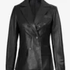 Women's Notch Lapel Collar Double Breasted Black Leather Coat