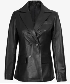 Women's Notch Lapel Collar Double Breasted Black Leather Coat