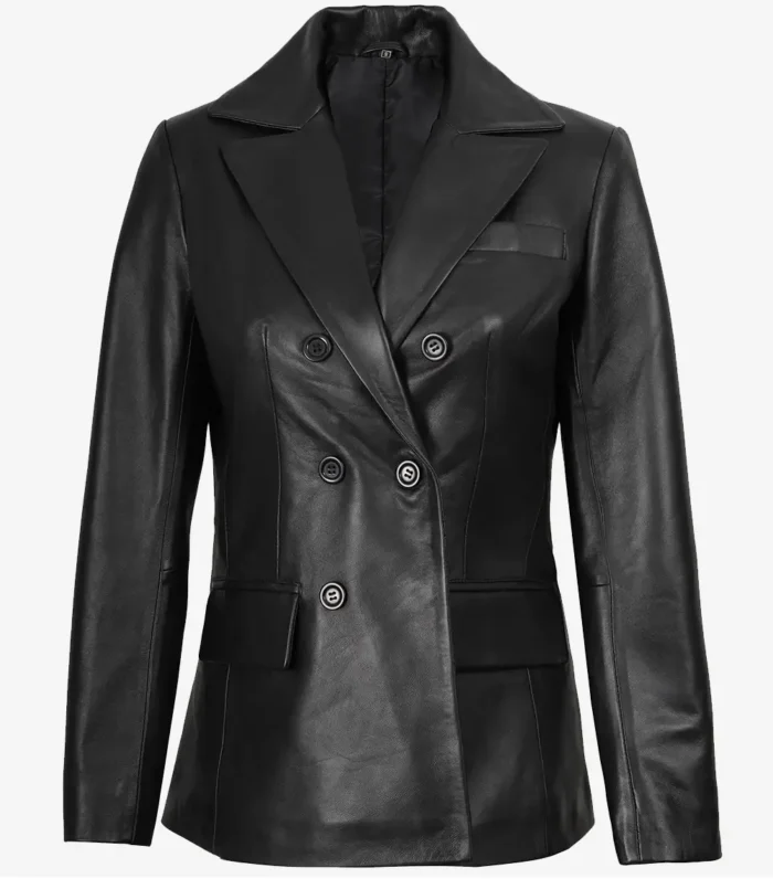 Women's Notch Lapel Collar Double Breasted Black Leather Coat
