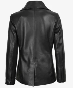 Women's Black Notch Lapel Collar Double Breasted Leather Coat