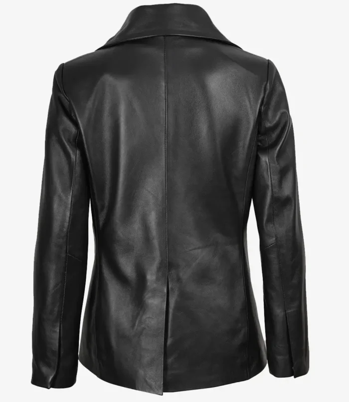 Women's Black Notch Lapel Collar Double Breasted Leather Coat