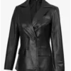 Women's Black Notch Lapel Collar Double Breasted Leather Coat