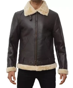 Men's Real Leather Dark Brown Shearling Bomber Jacket