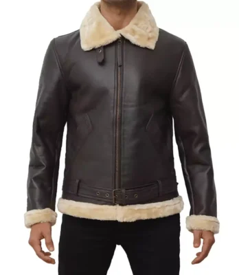 Men's Real Leather Dark Brown Shearling Bomber Jacket