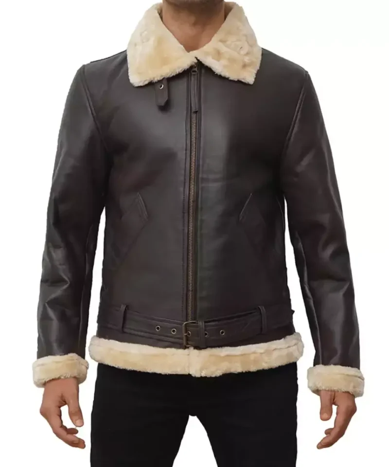 Men's Real Leather Dark Brown Shearling Bomber Jacket