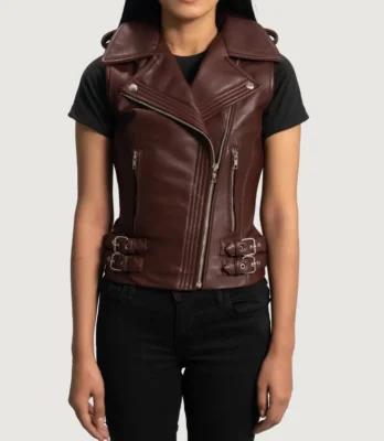 Women's Rhonda Maroon Leather Biker Vest