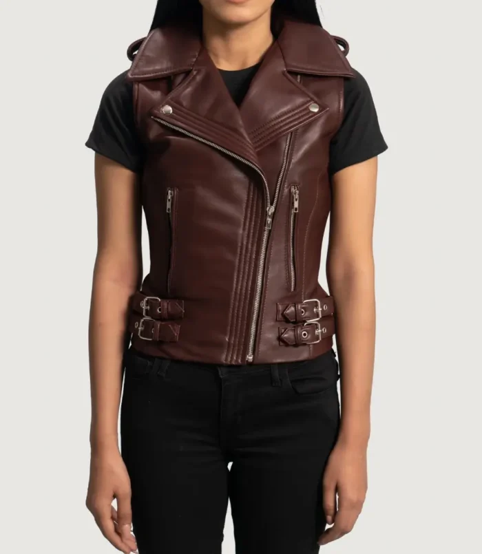Women's Rhonda Maroon Leather Biker Vest