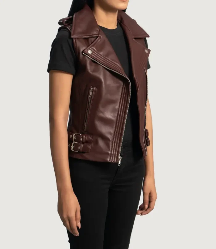 Women's Rhonda Maroon Leather Biker Vest