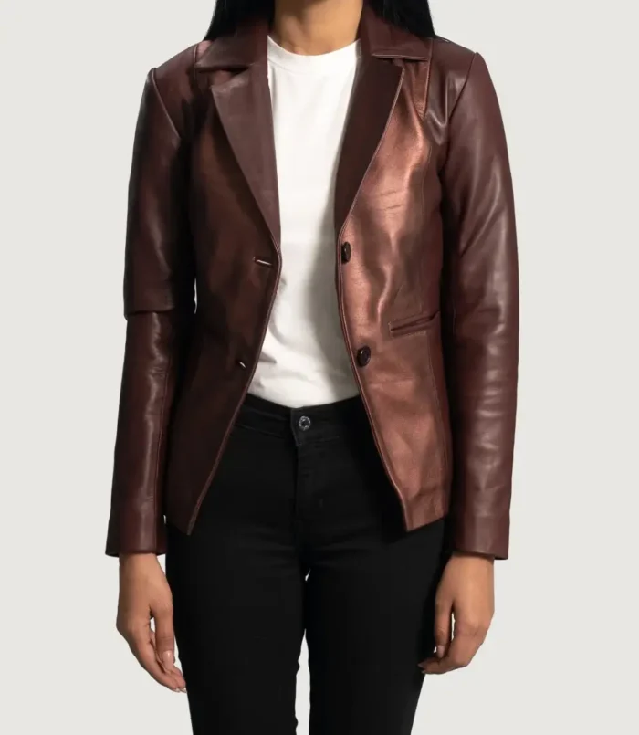 Women's Ruby Metallic Maroon Leather Blazer