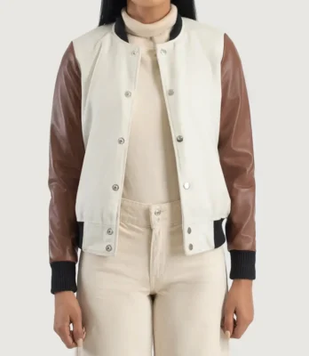 Women's Savant White & Brown Hybrid Varsity Jacket