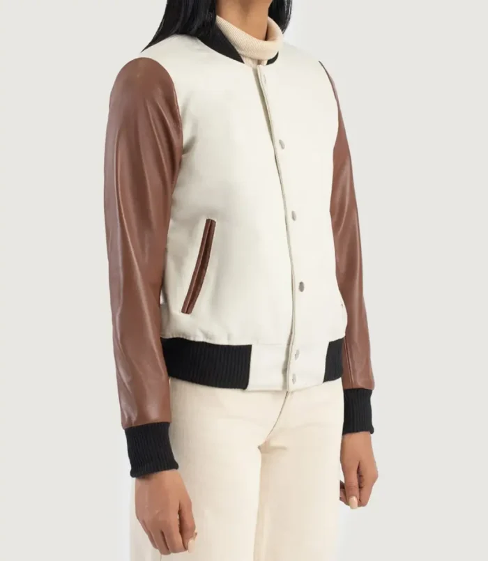 Women's Savant White & Brown Hybrid Varsity Jacket
