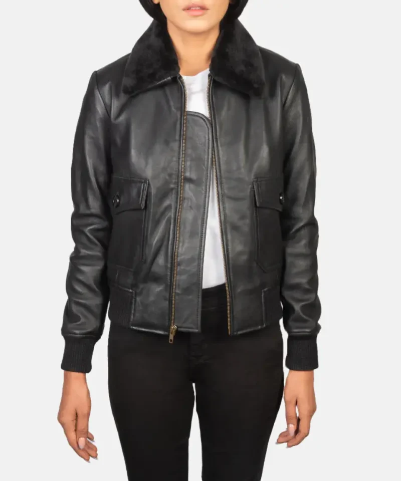 Women's Stella G-1 Black Leather Bomber Jacket