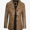 Women's Three Button Camel Brown Leather Blazer
