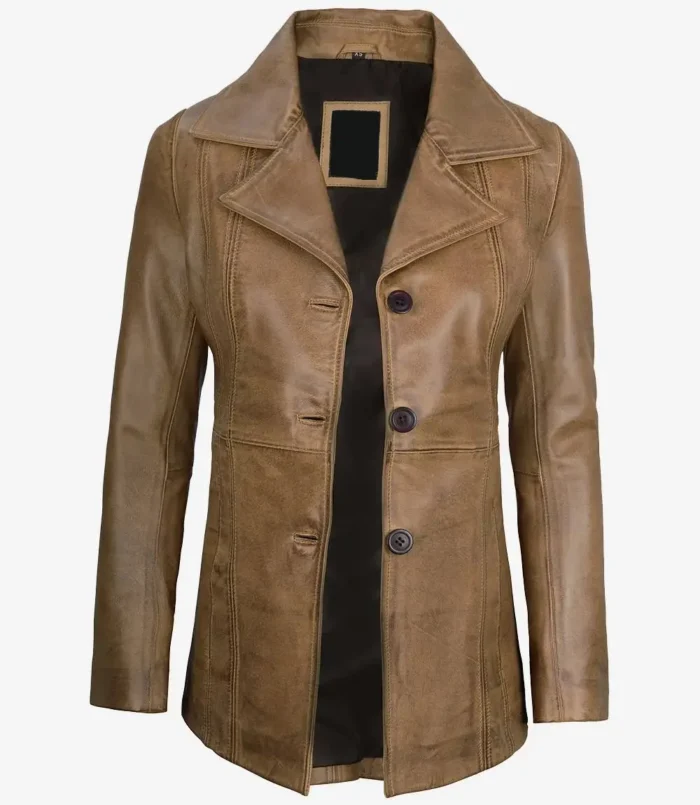 Women's Three Button Camel Brown Leather Blazer