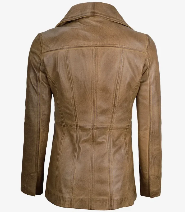 Women's Brown Three Button Camel Leather Blazer