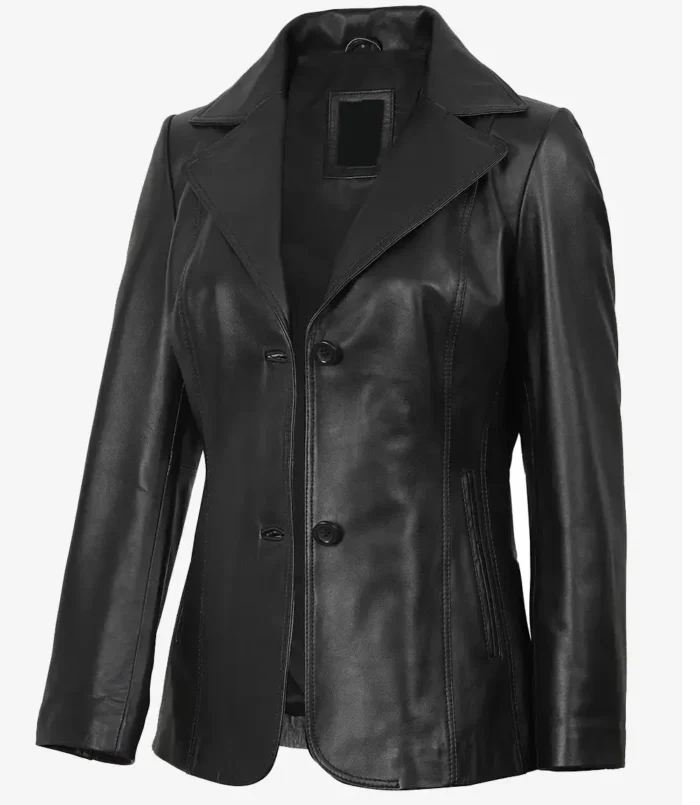 Women's Two Button Black Premium Leather Blazer