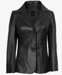 Women's Two Button Black Premium Leather Blazer