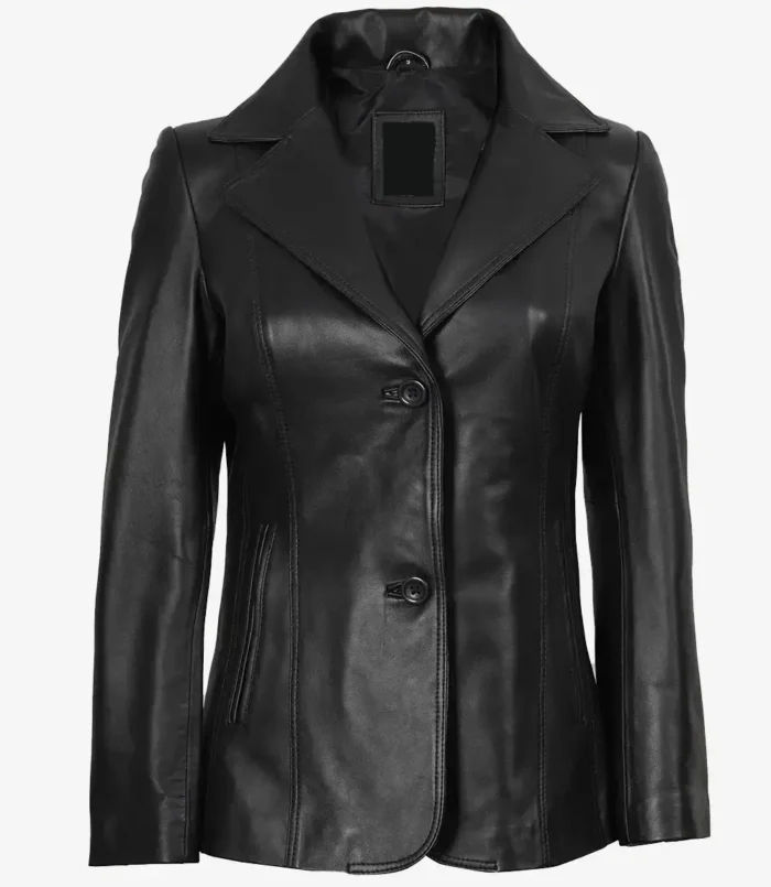 Women's Two Button Black Premium Leather Blazer