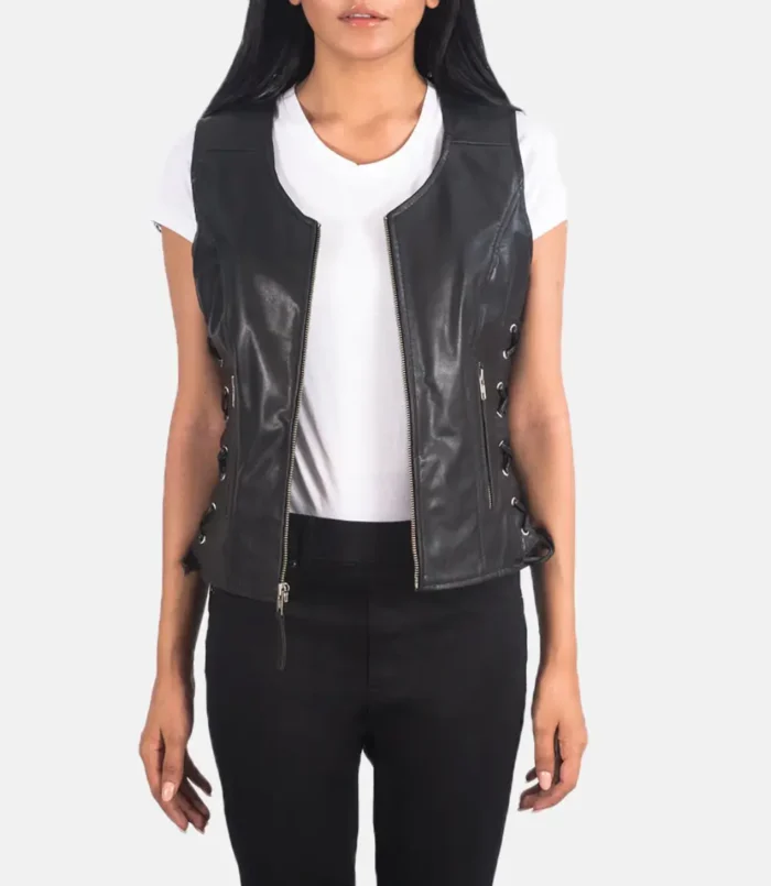 Women's Black Vanda Leather Biker Vest