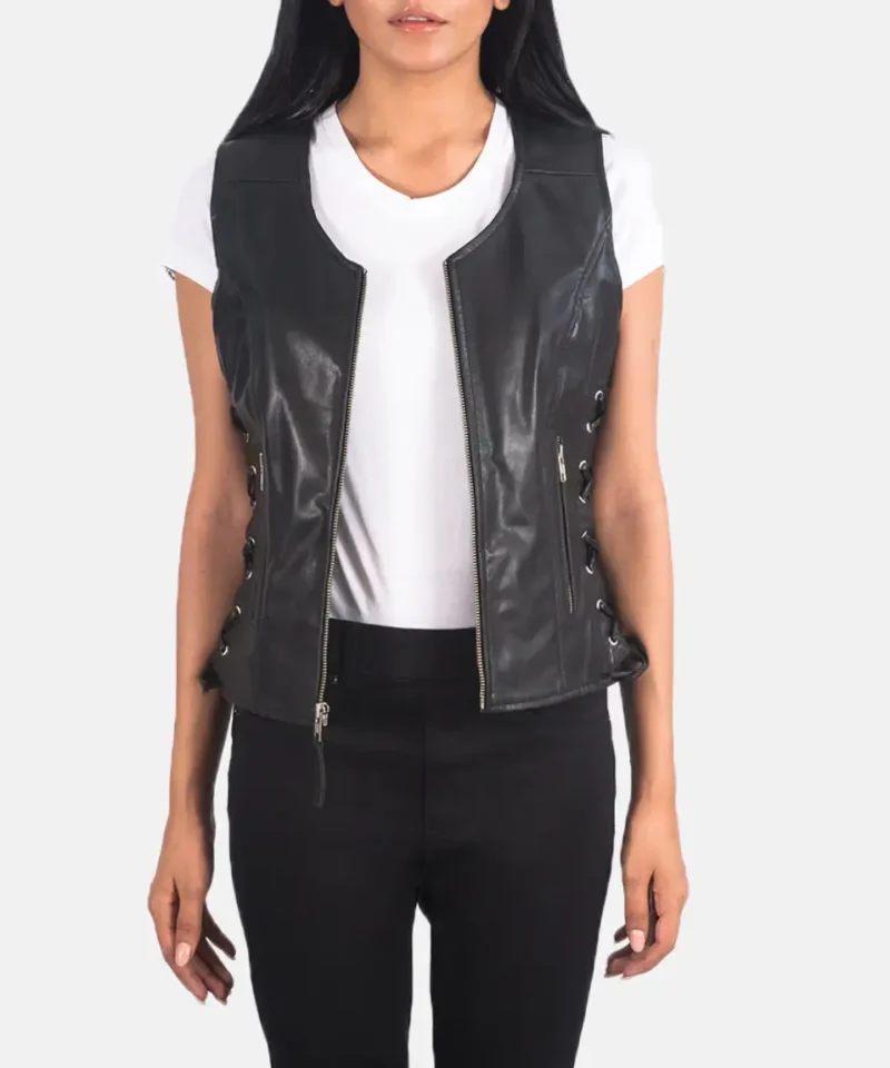 Women's Black Vanda Leather Biker Vest