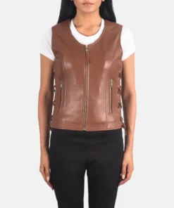 Women's Vanda Brown Leather Biker Vest