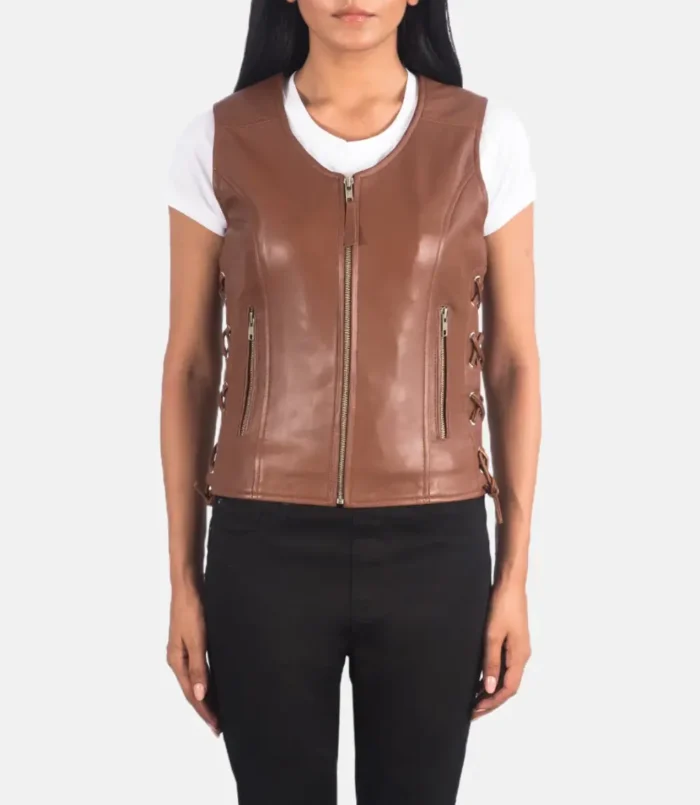 Women's Vanda Brown Leather Biker Vest