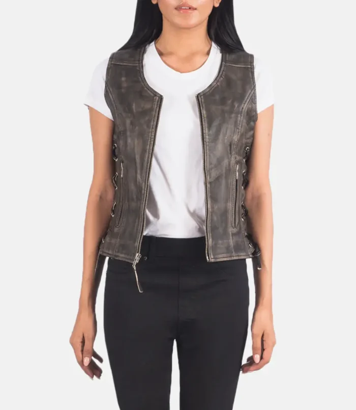 Women's Vanda Distressed Brown Leather Biker Vest