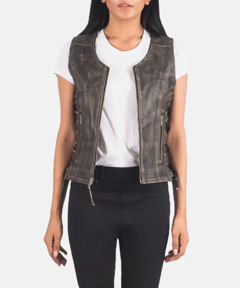 Women's Vanda Distressed Brown Leather Biker Vest