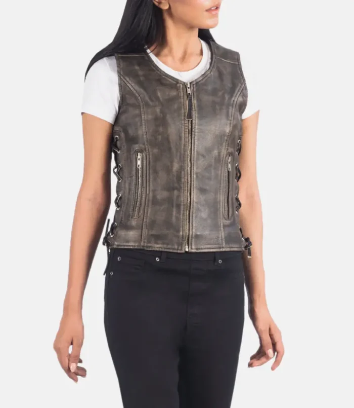 Women's Vanda Distressed Brown Leather Biker Vest