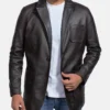 Men's Wine Black Leather Blazer