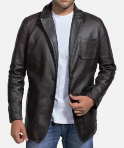 Men's Wine Black Leather Blazer