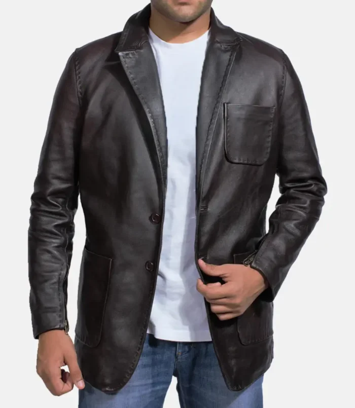 Men's Wine Black Leather Blazer