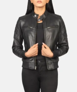Women's Zenna Black Leather Bomber Jacket