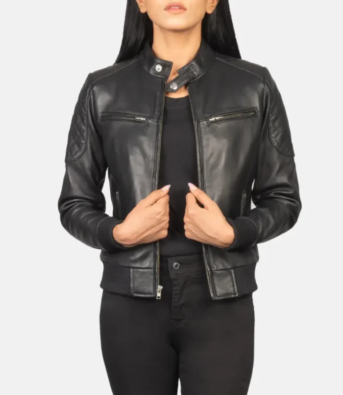 Women's Zenna Black Leather Bomber Jacket