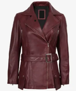 Women's Asymmetrical Maroon Belted Biker Style Leather Jacket